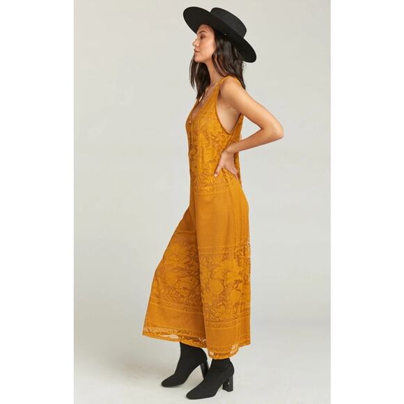 Show Me Your Mumu Med Mini Jumpsuit Mustard Yellow Lace Overlay Bohemian Chic - Picture 3 of 12